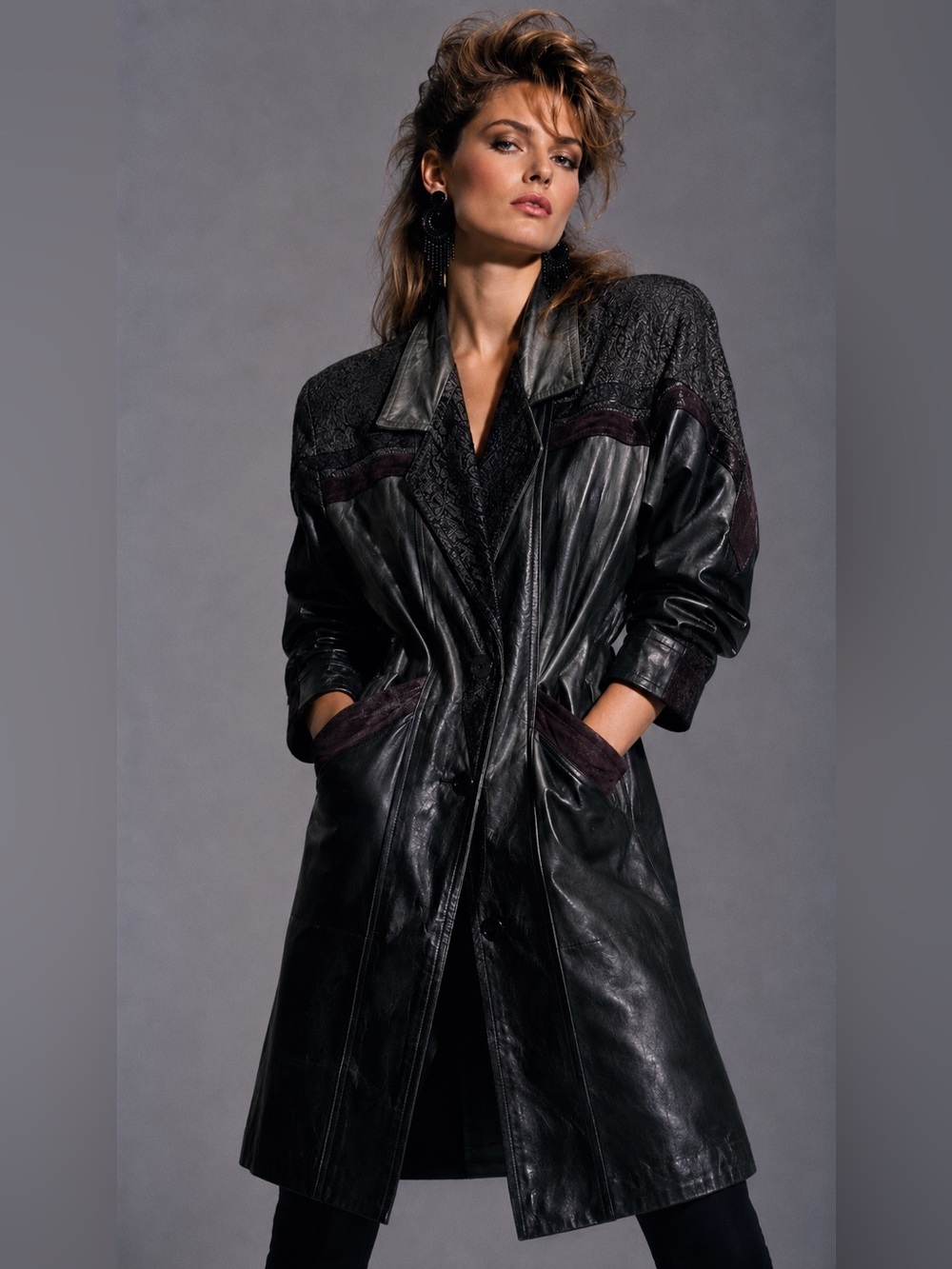 WINLIT 80’s style black trench coat leather jacket